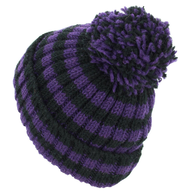 Hand Knitted Wool Beanie Bobble Hat - Stripe Purple Black