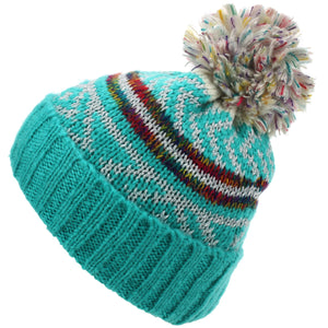 Knitted Metallic Beanie Hat with Multicoloured Bobble - Blue