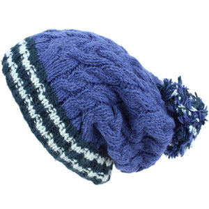 Bonnet à pompon en grosse laine torsadée Big Baggy Slouch avec bord rayé - Bleu