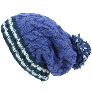 Chunky uldkabelstrik Big Baggy Slouch Beanie Bobble hat med stribet kant - blå