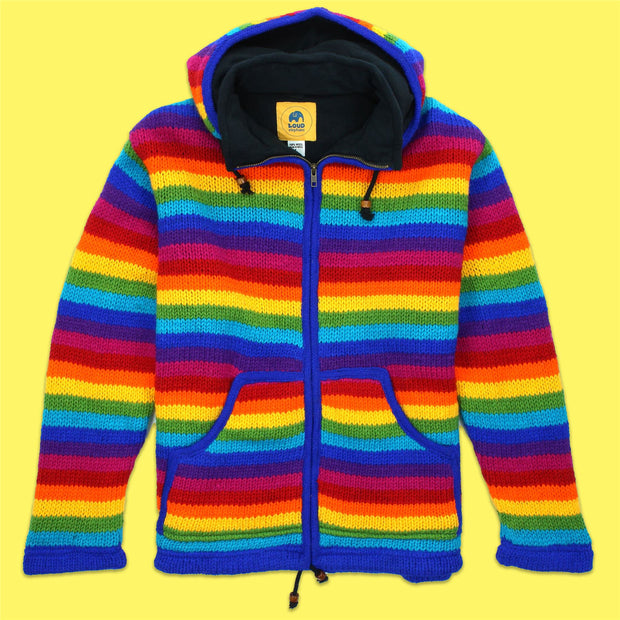 Hand Knitted Wool Hooded Jacket Cardigan - Stripe Bright Rainbow