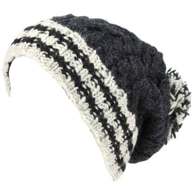 Chunky Wool Cable Knit Big Baggy Slouch Beanie Bobble Hat with Striped Brim - Charcoal