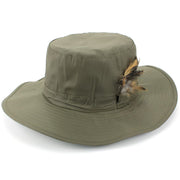 Wide Brim Outback Style Cotton Bush Hat with Feather - Green