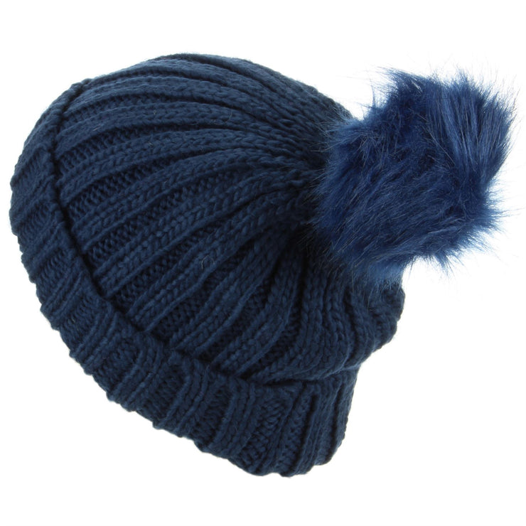 Chunky Knit Beanie Hat with Faux Fur Bobble - Navy