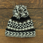 Hand Knitted Wool Beanie Bobble Hat - Chevron Black