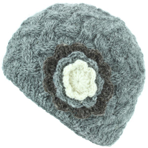 Bonnet en laine torsadée pour femme avec fleur contrastée - Gris