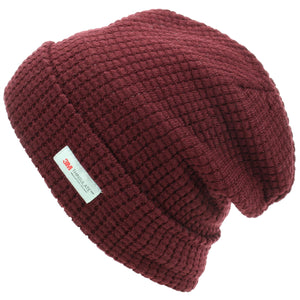Knitted Waffle Design Beanie Hat - Red