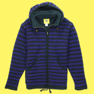 Cardigan veste à capuche en laine tricotée à la main - rayure violet noir