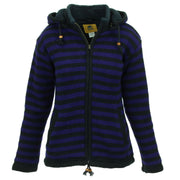 Hand Knitted Wool Hooded Jacket Cardigan Ladies Cut - Stripe Purple Black