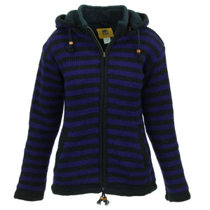 Veste à capuche en laine tricotée à la main cardigan coupe femme - rayure violet noir