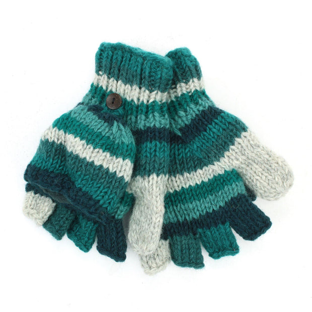 Hand Knitted Wool Shooter Gloves - Stripe Teal