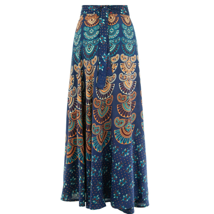 Long Maxi Wrap Skirt with Block Print Mandala - Blue & Orange