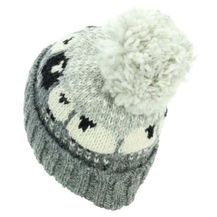 Hand Knitted Wool Beanie Bobble Hat - Sheep - Grey