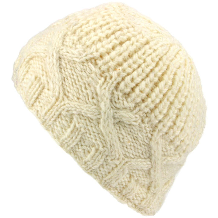 Wool Beanie Hat with Chunky Cross Cable Knit Design - Off White