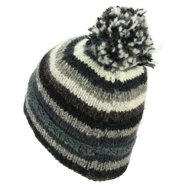 Chunky Wool Knit Beanie Bobble Hat - Stripe Greys