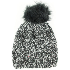 Chunky cable knit beanie hat with faux fur bobble - Black