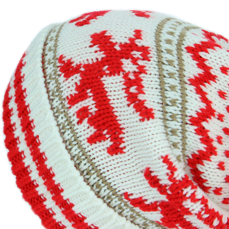 Chunky Slouch Bobble Beanie Hat with Reindeer Pattern - White & Red
