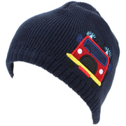 Childrens Fine Knit Beanie Hat with Embroidered Fire Engine - Navy
