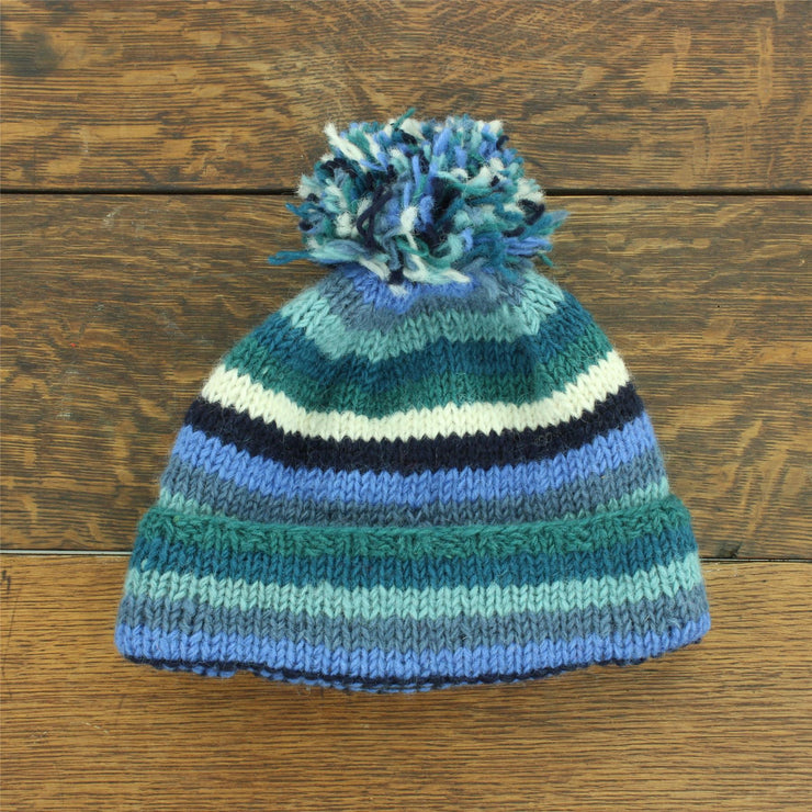 Chunky Wool Knit Beanie Bobble Hat - Stripe Blue White