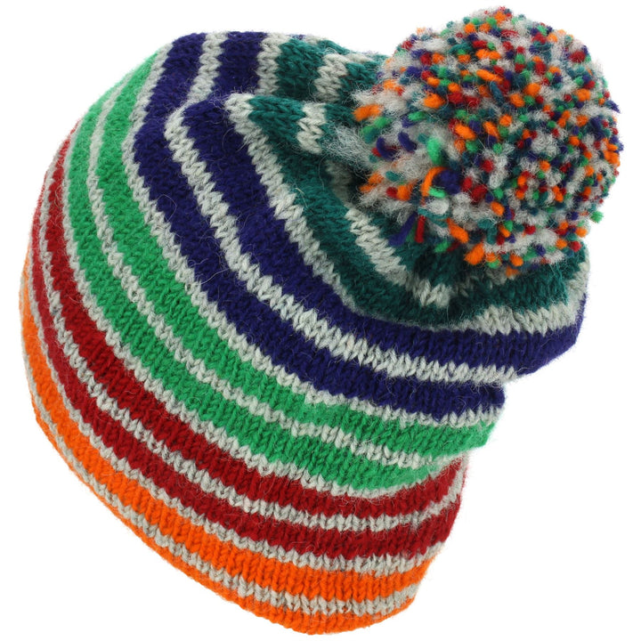 Wool Knit Bobble Beanie Hat - Stripe Green