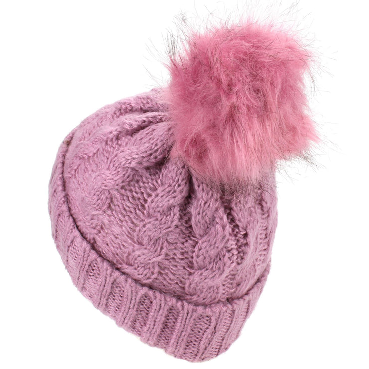 Twisted Rib Knitted Hat with Matching Colour Bobble - Dark Pink