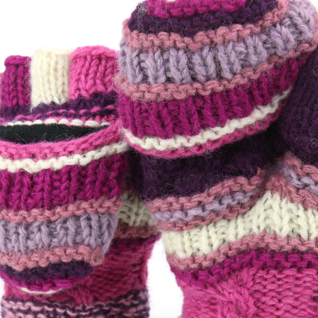 Chunky Wool Fingerless Shooter Gloves - Striped Mixed Knits - Pink Purple