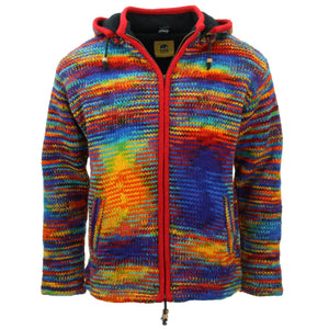 Handgestrickte Strickjacke mit Kapuze aus Wolle – SD-Regenbogen