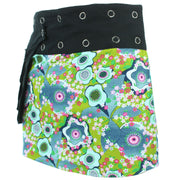 Reversible Popper Wrap Mini Skirt - Green Patch Strips / Floral Oyster