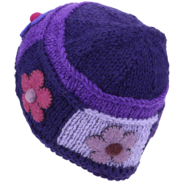 Ladies Wool Knit Beanie Hat with Flower Patch Design - Purple