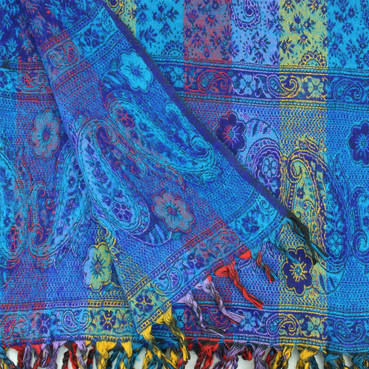 Vegan Wool Shawl Blanket - Paisley Stripe - Blues & Yellow