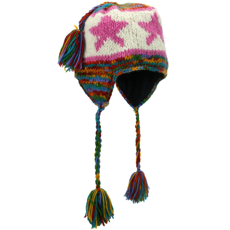 Wool Knit Earflap Tassel Hat - Star Rainbow SD Pink