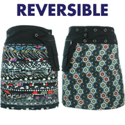 Reversible Popper Wrap Knee Length Skirt - Black Patch Strips / Kaleidoscope