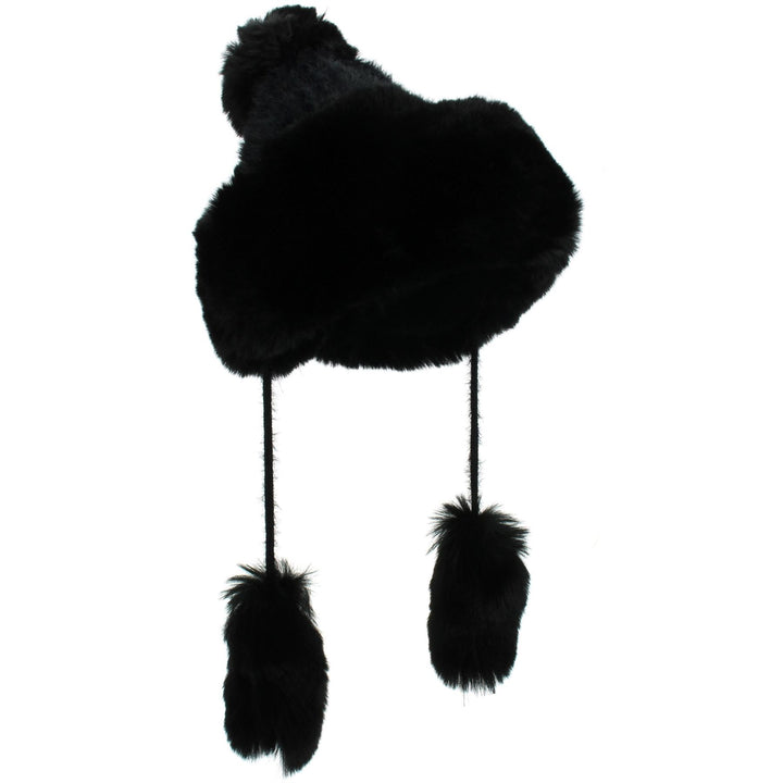 Macahel Soft Fur Bobble Hat with Tassels - Black