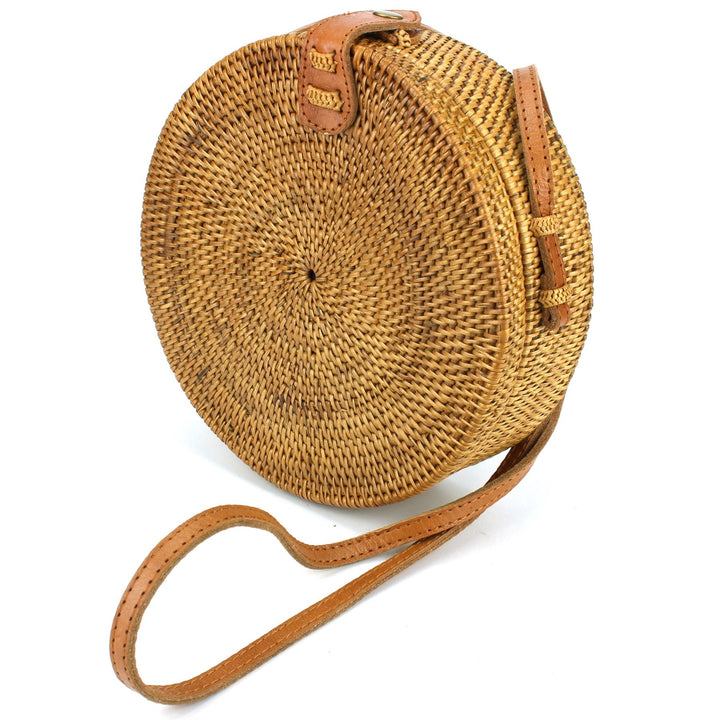Loud Elephant Handwoven Round Rattan Bag - Brown Snap
