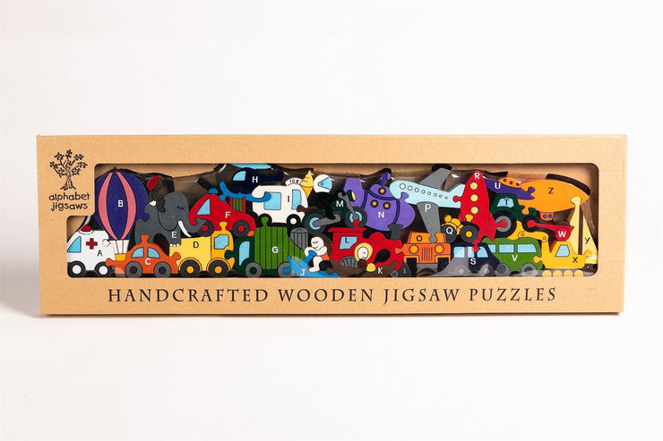 Handmade Wooden Jigsaw Puzzle - Alphabet Transport