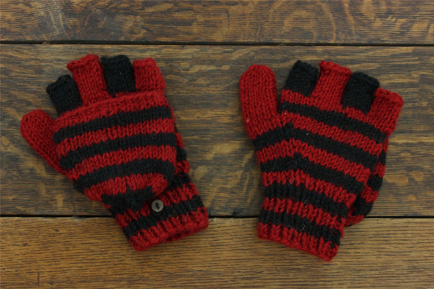 Hand Knitted Wool Shooter Gloves - Stripe Red Black