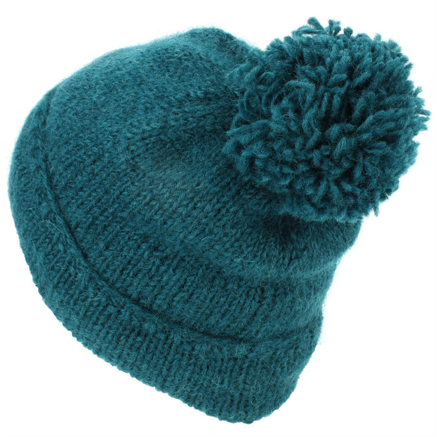 Chunky Wool Knit Baggy Slouch Beanie Bobble Hat - Teal