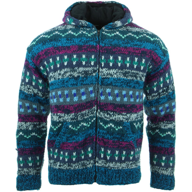 Chunky Wool Knit Abstract Pattern Hooded Cardigan Jacket (Women's Size) - 17 Blue
