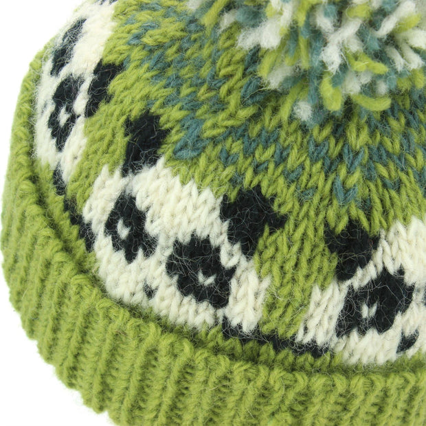 Wool Knit Bobble Beanie Hat - Panda - Green Grey