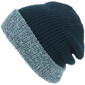 Chunky Double Knit Beanie Hat with Contrast Marl Turn-up - Navy