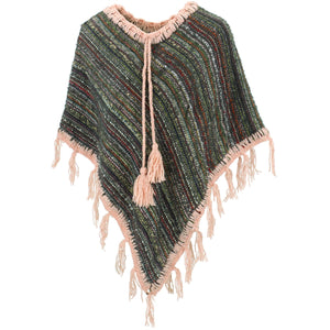 Stribet hæklet poncho kort - grøn multi/pink