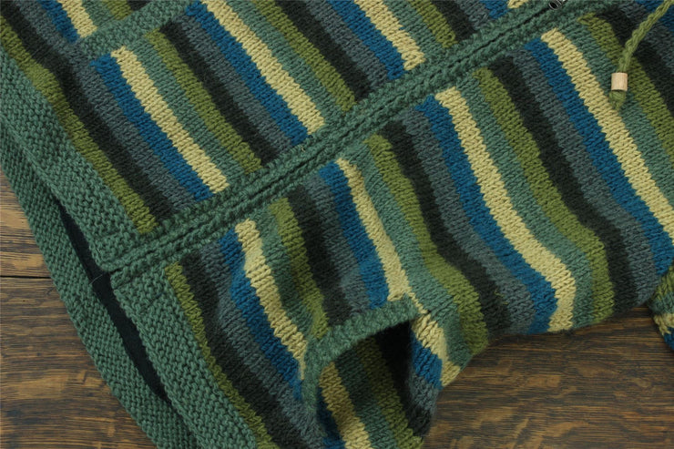 Hand Knitted Wool Hooded Jacket Cardigan - Stripe Green Blue