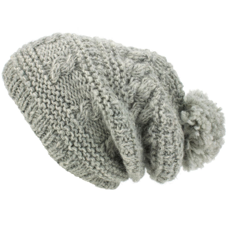 Wool Knit Bobble Beanie Hat - Light Grey