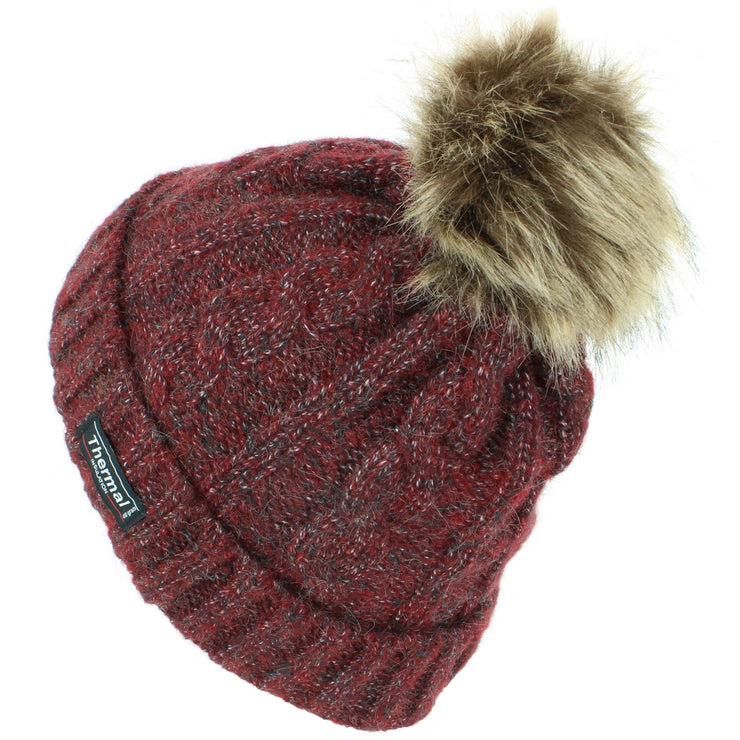 Cable Knit Beanie Hat with Thermal Lining and Faux Fur Bobble - Red