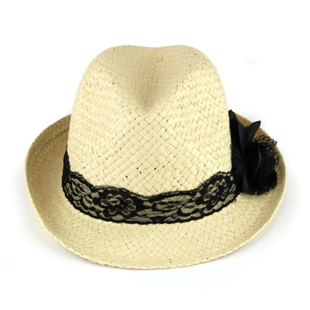 Straw paper trilby hat with lace band and flower corsage - Natural