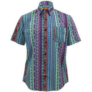 Tailored Fit Short Sleeve Shirt - Blue Aztec