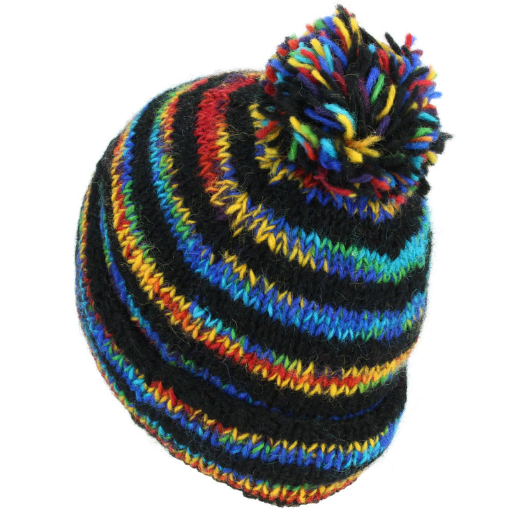 Chunky Wool Knit Beanie Bobble Hat - Stripe Black Rainbow SD