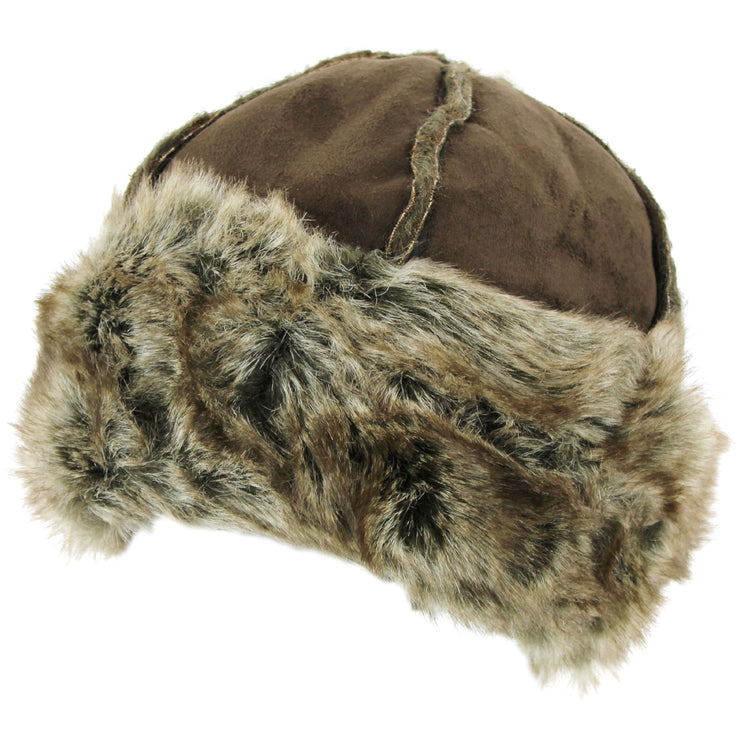 Suede Effect Hat and Faux Fur Cuff and Lining - Brown