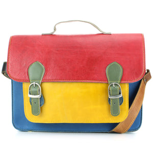 Real Leather Colourful Satchel Messenger Shoulder Bag - Red & Yellow Mix