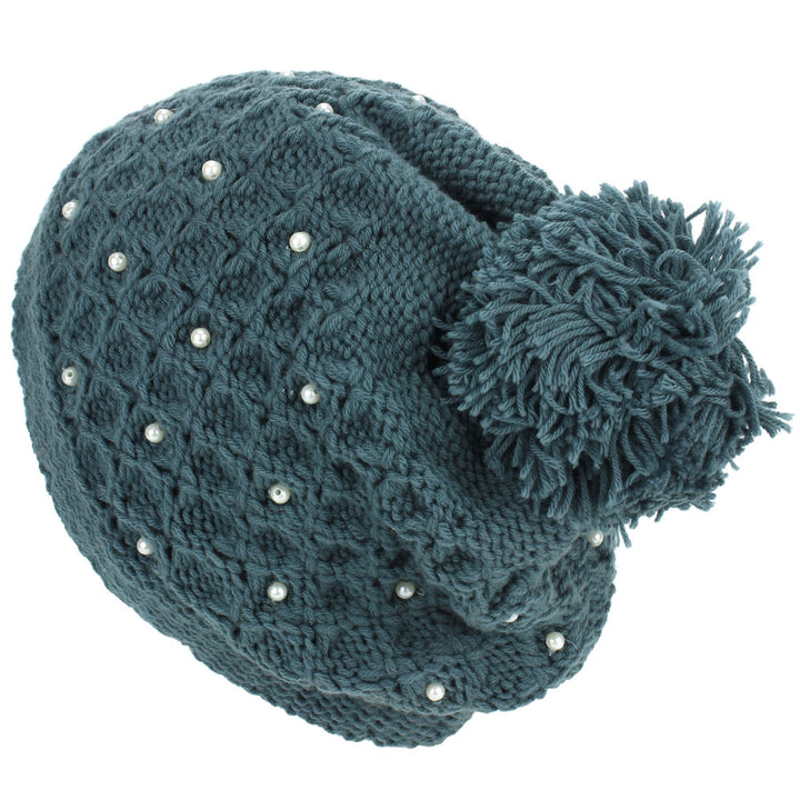 Pearl Lattice Bobble Beanie Hat - Green